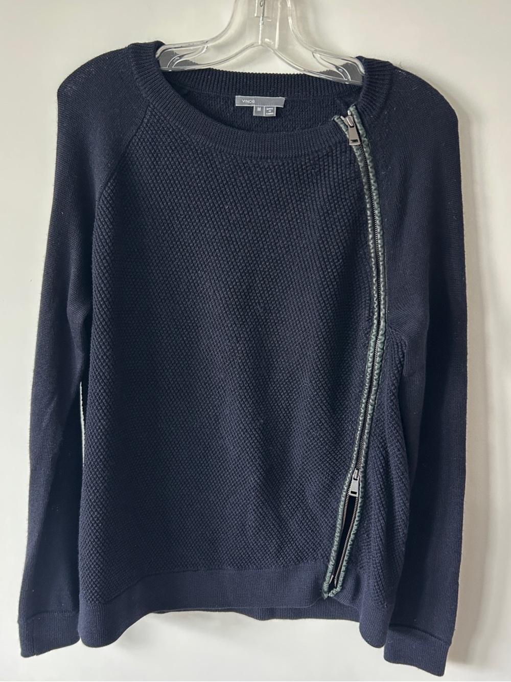 Vince Black Wool Asymmetrical Leather Trim Zip Waffle Knit Sweater Size M